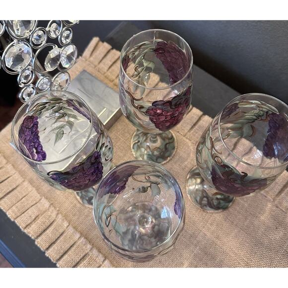 Set of 4 Purple Grape Vine Exquisite Wine Glasses Hand Painted Textured EUC - Picture 3 of 7